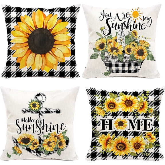 Decorative Summer Sunflower Pillow Cover 18x18 Set of 4, Yellow Black Buffalo Plaid Throw Pillowcase, Fall Farmhouse Sunflower Decor for Home Outdoor Sofa Couch