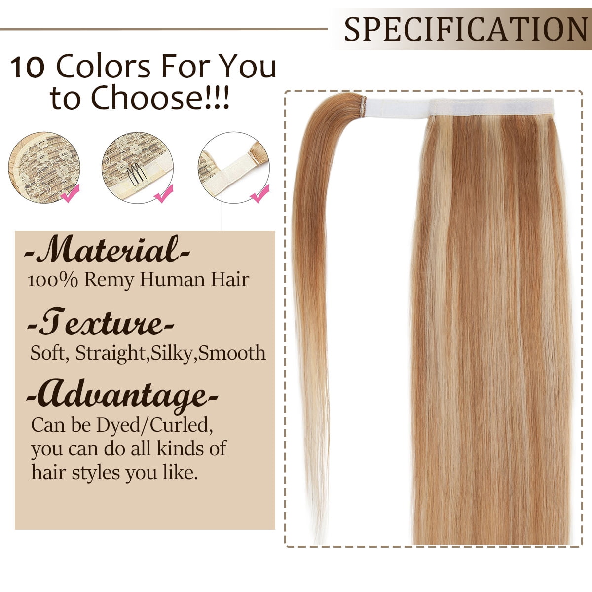 SEGO Clip in Hair Extensions 100% Remy Human Hair Wrap Around Ponytail Extension Thick Long Straight Black Hairpiece with Comb Magic Paste Pony Tail