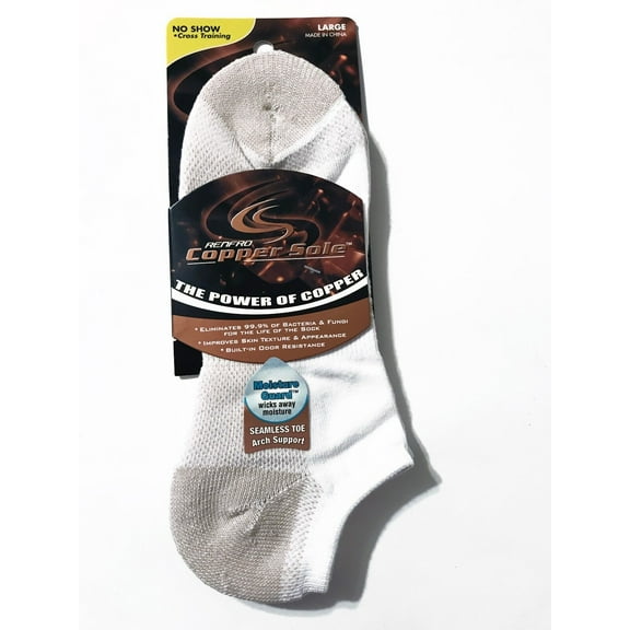 Copper Sole White no show Socks Large 3-pairs " Cross Training & Seamless Toe"