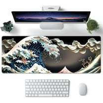 Japanese Mouse Pad, Kanagawa Great Wave Mouse Pad, XL Anime Gaming Keyboard Mat, Stitched Edges Rubber Base, XL Big Extended Desk Protector for Home Office, 31.5”x11.8” (Sea Wave - Cloud)