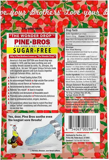 Pine Bros. Sugar Free Wild Cherry Gummy Sore Throat Drops, 24 Count