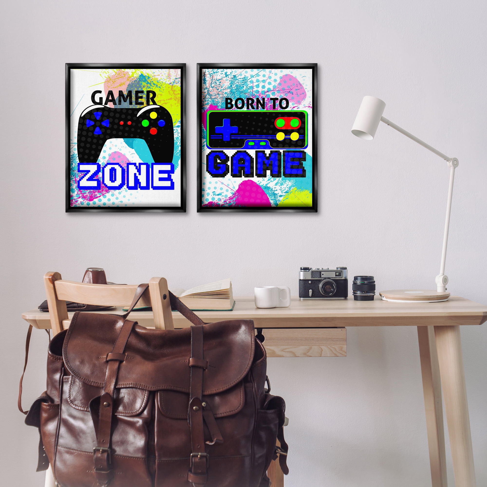 Stupell Industries Gamer Zone Splash Remote Entertainment Painting Black Floater Framed Canvas Art Print Wall Art, 17 x 21, Set of 2