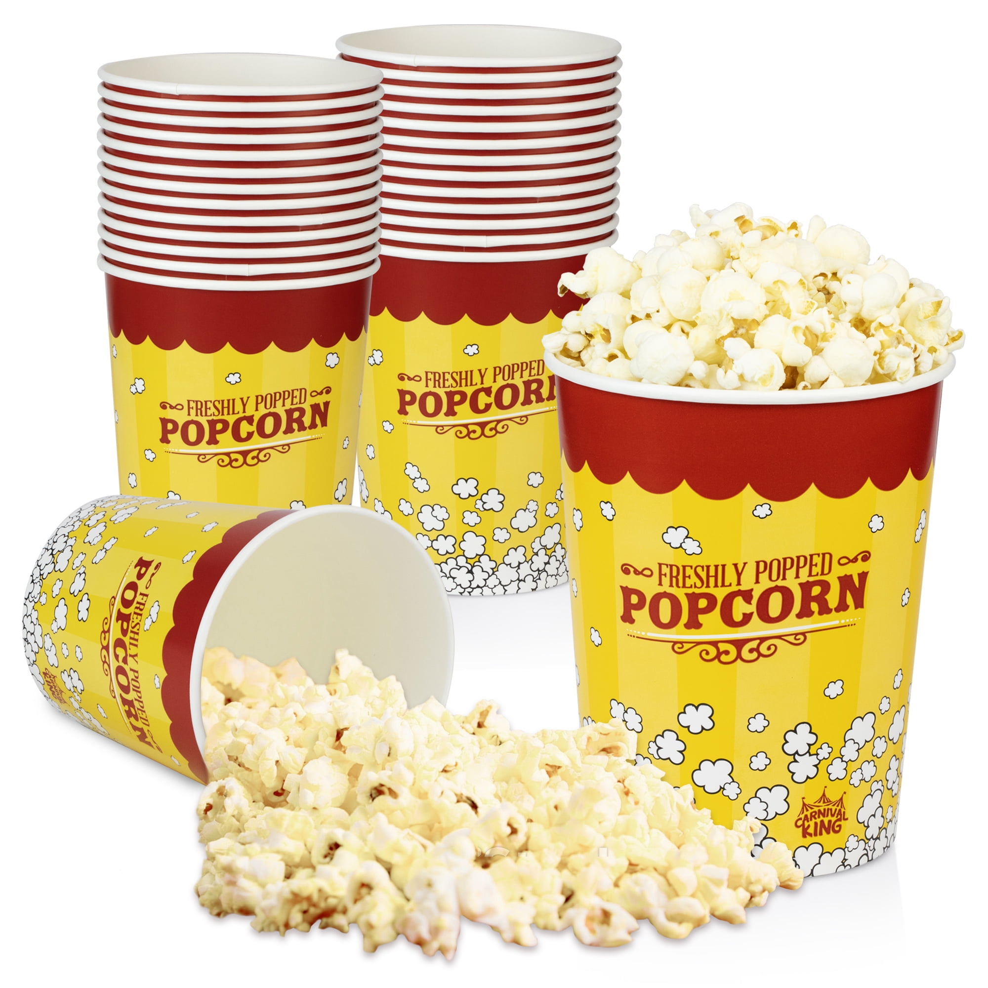 [25 Pack] Popcorn Buckets Disposable 32 Oz Yellow and Red Paper Popcorn Containers Solo