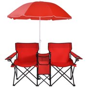 Portable Folding Picnic Double Chair With Umbrella And Table Cooler Red