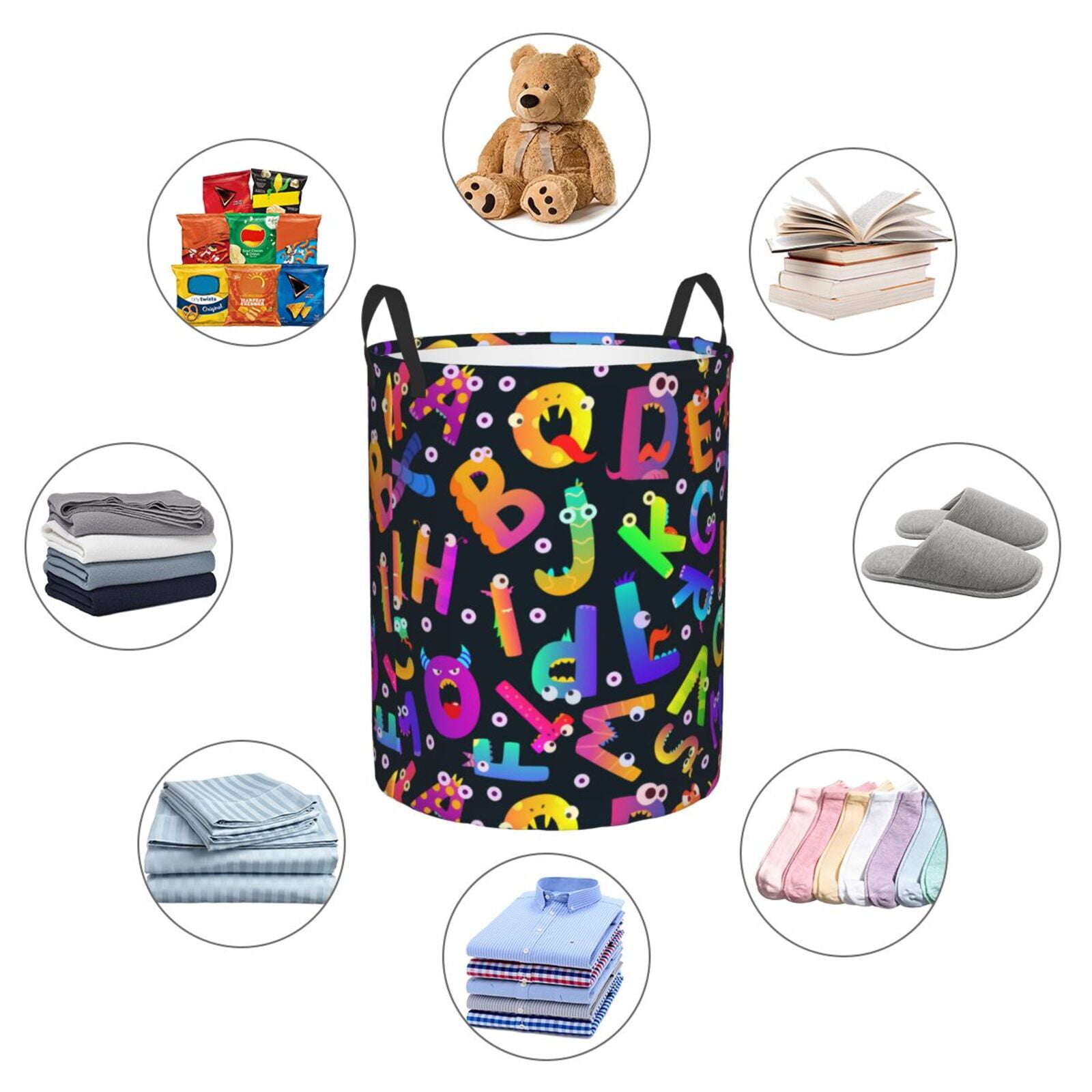 Large Laundry Basket with Handles - Funny Alphabet Monster Kids Baby Dirty Clothes Laundry Hamper for Bedroom Aesthetic