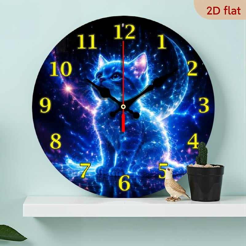 10 Inch Constantplanet Neon Cat Wall Clock with Blue Galaxy Kitten Face Neon Numbers Silent Mechanism, Tempered Wood Round Clock for home, Room Decor - (Batteries Not Included)