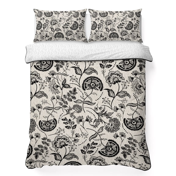 King Quilt Bedding Set Black Vintage Pastoral Flowers on Linen Summer Quilt Lightweight Quilted Coverlet with 2 Pillow Shams, Beige Balck 3-Piece Bedspread Quilt Set for All Season
