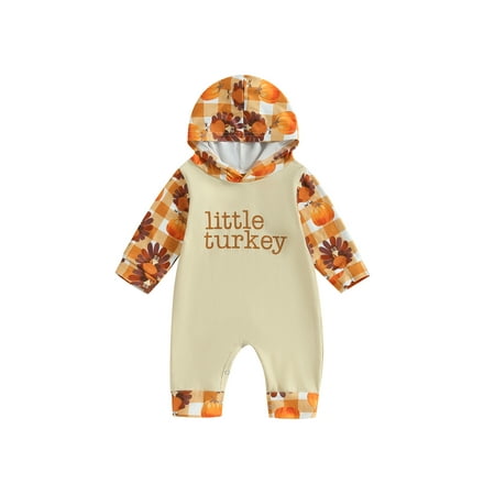 

Infant Baby Boy Girl Thanksgiving Jumpsuit Turkey Letter Print Round Neck Long Sleeve Hood Romper