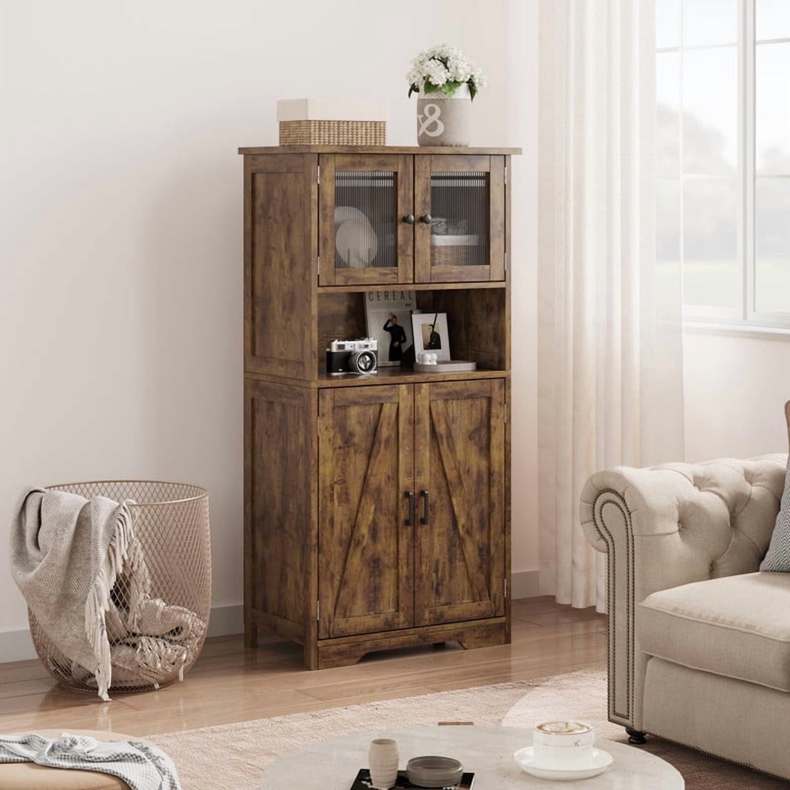 TROPOW Kitchen Pantry Cabinet, 50.4" Freestanding Storage Cabinet with Glass Doors and Adjustable Shelves, Wooden Cupboard, Large Floor Linen Cabinet for Bathroom, Living Room
