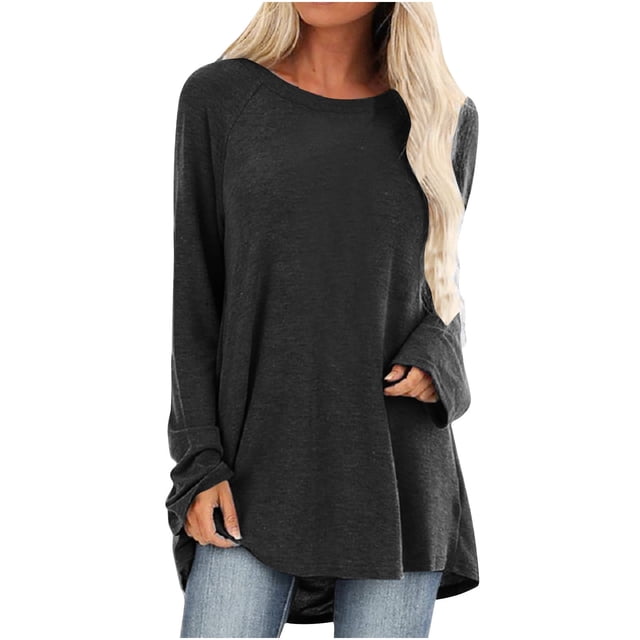 Bidobibo - Camiseta de manga larga para mujer, tallas grandes, holgada, informal, con cuello en V, estilo túnica, suave, lisa, para otoño, tallas S-XXL