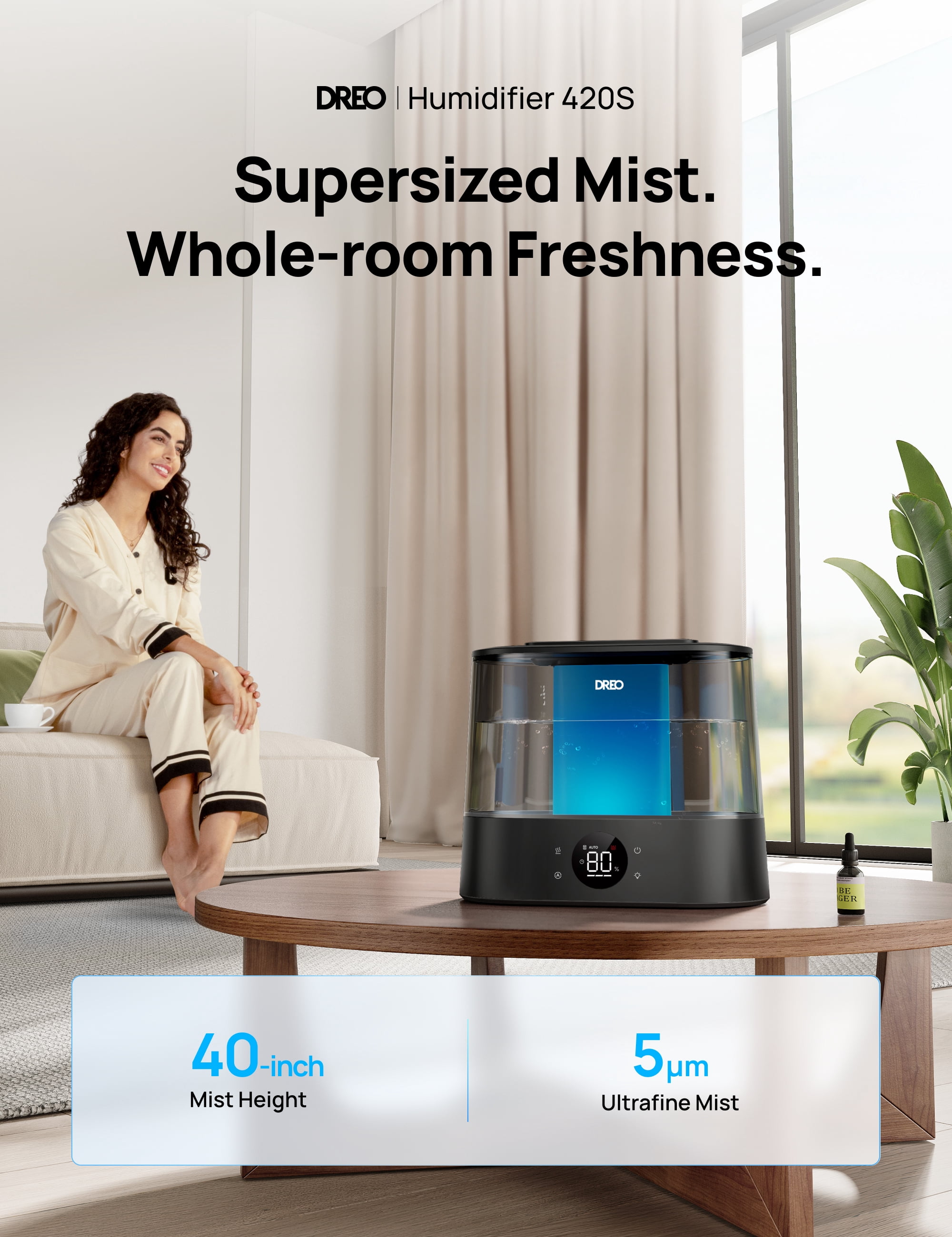 DREO 1.06 gal Cool Mist Humidifier with Night Light for Large Roorm 36H Runtime Top-Fill 28dB Quiet for Bedroom, Black