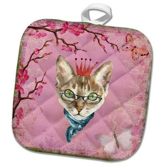 3dRose, Funny Cat With Crown Watercolor Illustration, 8x8 Potholder