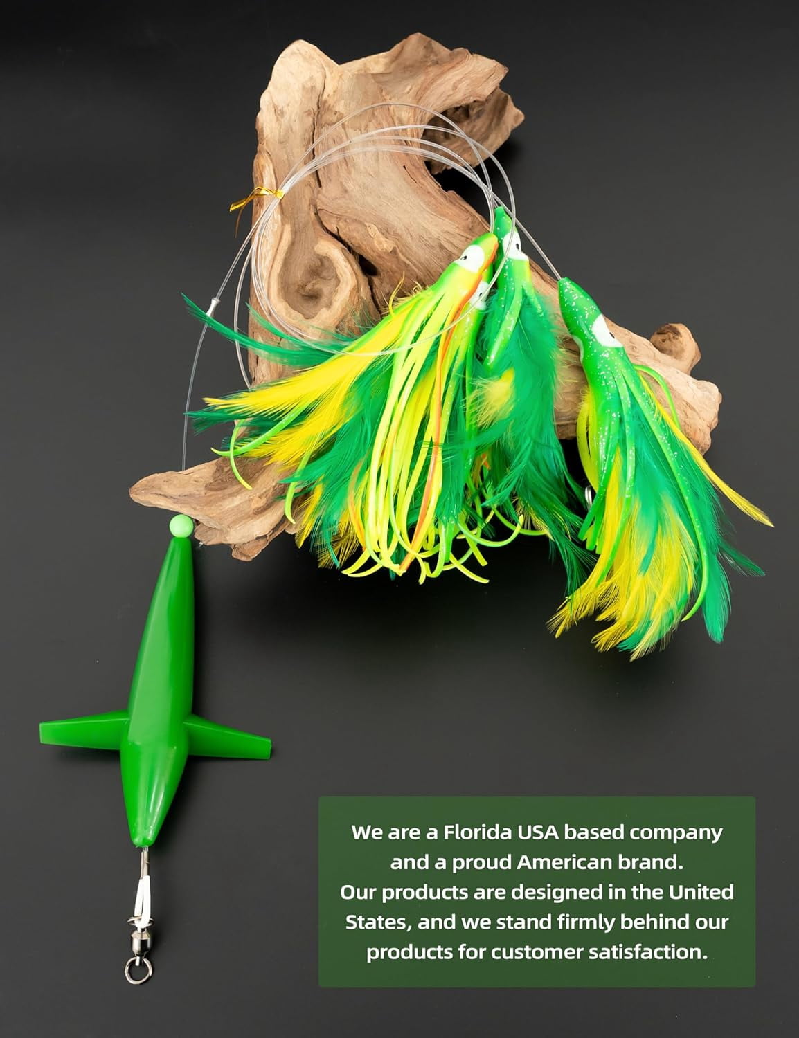 BLUEWING Tuna Feather Daisy Chain Squid Chain Fishing Teaser Lure with 4in Feathered Trolling Squids and Stainless Steel Trolling Hook Big Game Trolling Lure for Tuna Mahi Wahoo Marlin, Yellow/Green