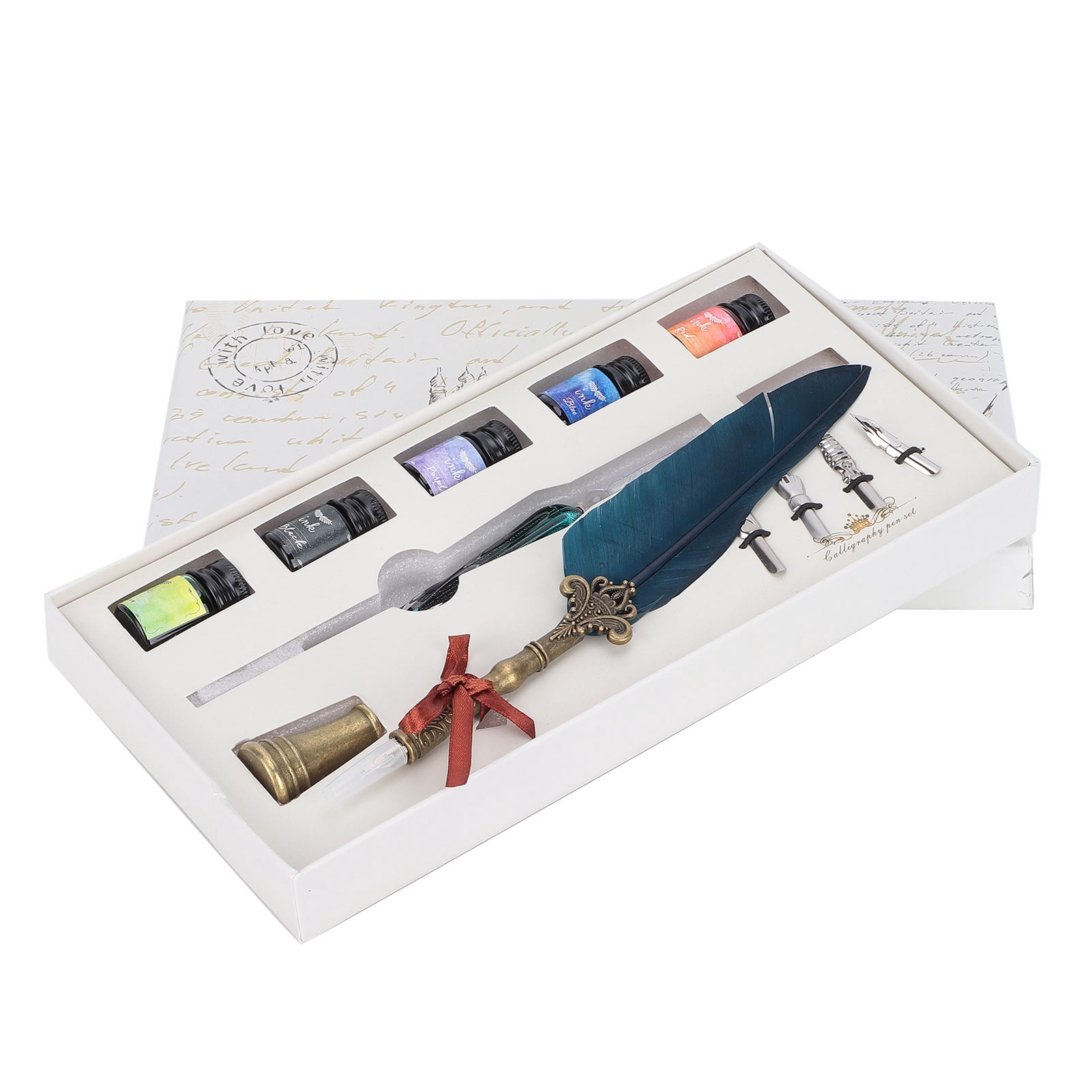 Riousery Calligraphy Pen Set Glass Ink Feather Fountain Pen with Replaceable Nibs Writing Gift Box Kit Navy