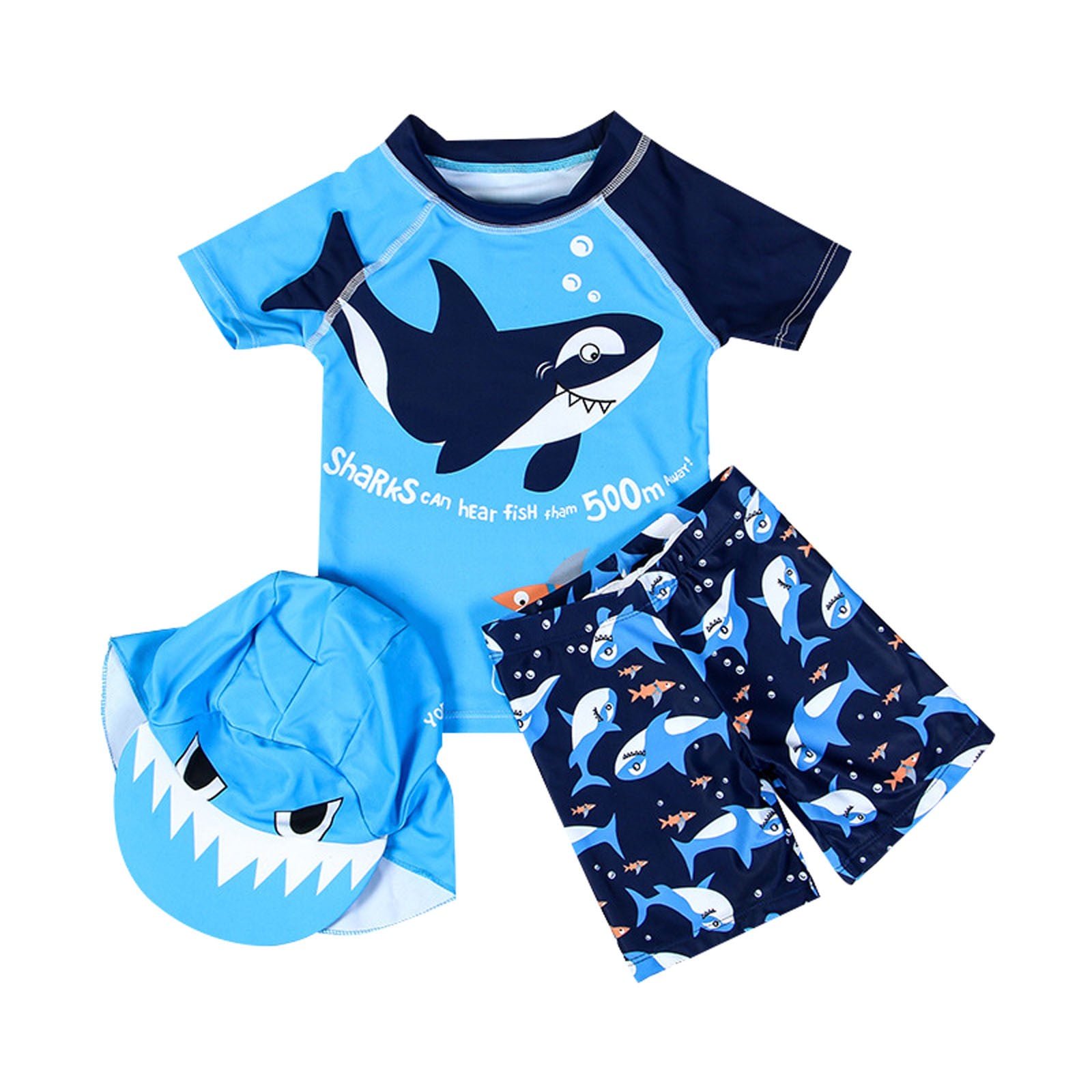 LNMQLPDBS Toddler Swimsuit Cartoon Animal Letters Printed Color Block Short Sleeve Top & Print Elastic Swim Trunk & Cartoon Sun Hat with Neck Flap 3pcs Outfits Quick Dry Bathing Suits for Kids