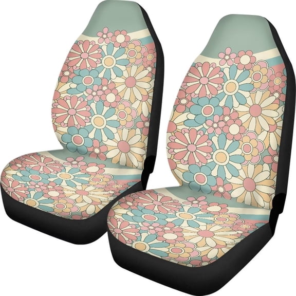 Verolix Mesh Fabric Car Seat Covers for Front Seats, 2-Pack Stretch Fit Auto Seat Protectors, Groovy Daisy Floral Print Seat Covers for SUV, Truck, Sedan, Van
