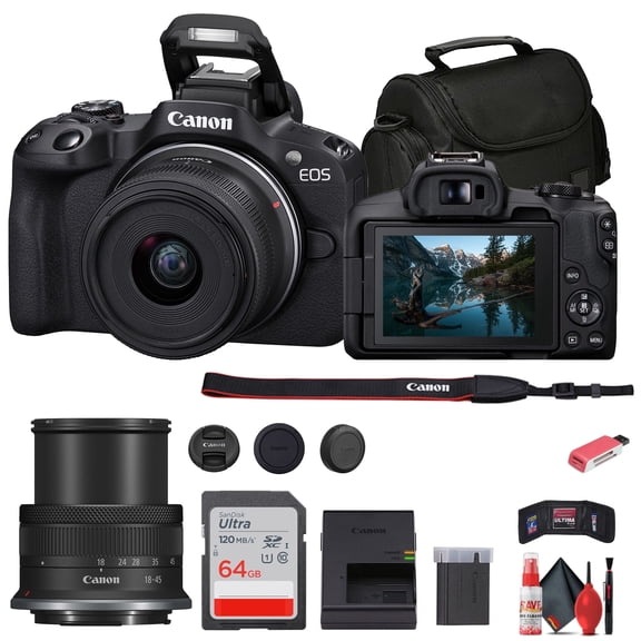 Canon EOS R50 Mirrorless Camera with 18-45mm Lens (Black, 5811C012) Bundle with 64GB Memory Card, Bag, Card Reader, Memory Wallet & Cleaning Kit