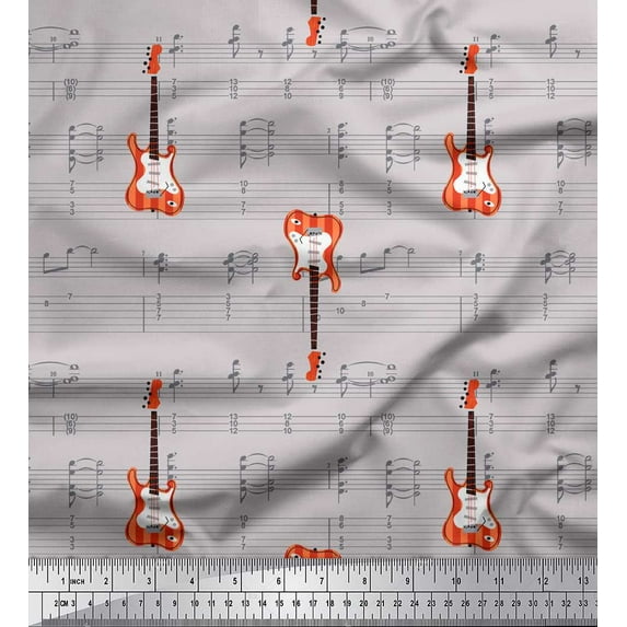 Soimoi Gray Poly Georgette Fabric Notes & Guitar Musical Instrument Print Fabric by the Yard 52 Inch Wide