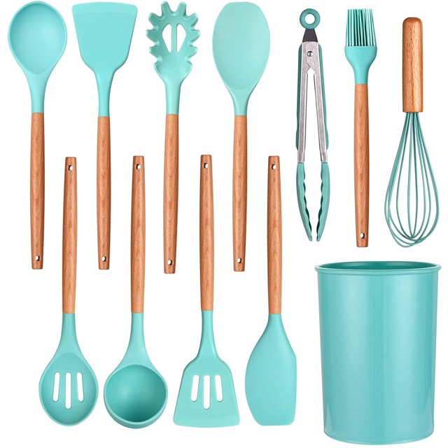 Juego de utensilios de cocina de silicona, juego de utensilios de cocina de 11 piezas con soporte, utensilios de cocina con mango de madera, revestimiento antiadherente y resistente al calor,