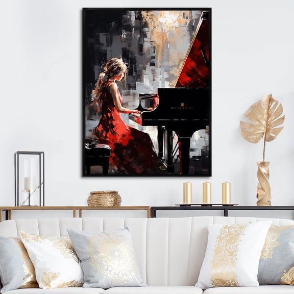 Designart "Black Red Music Piano euphony" Portrait Floater Framed Canvas Art Print