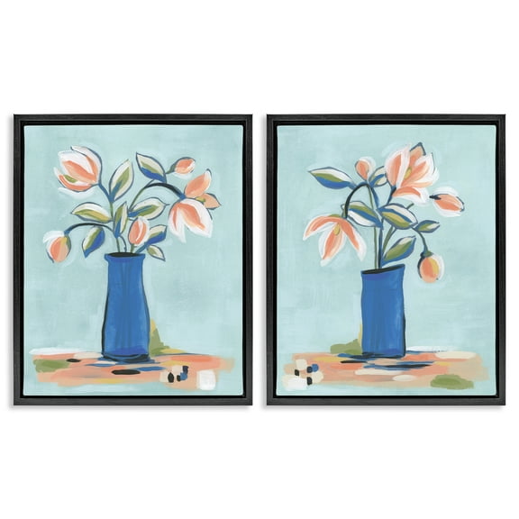 Stupell Industries Blue & Peach Flowers Plants & Flowers Painting Black Floater Framed Canvas Art Print Wall Art, 17 x 21, Set of 2