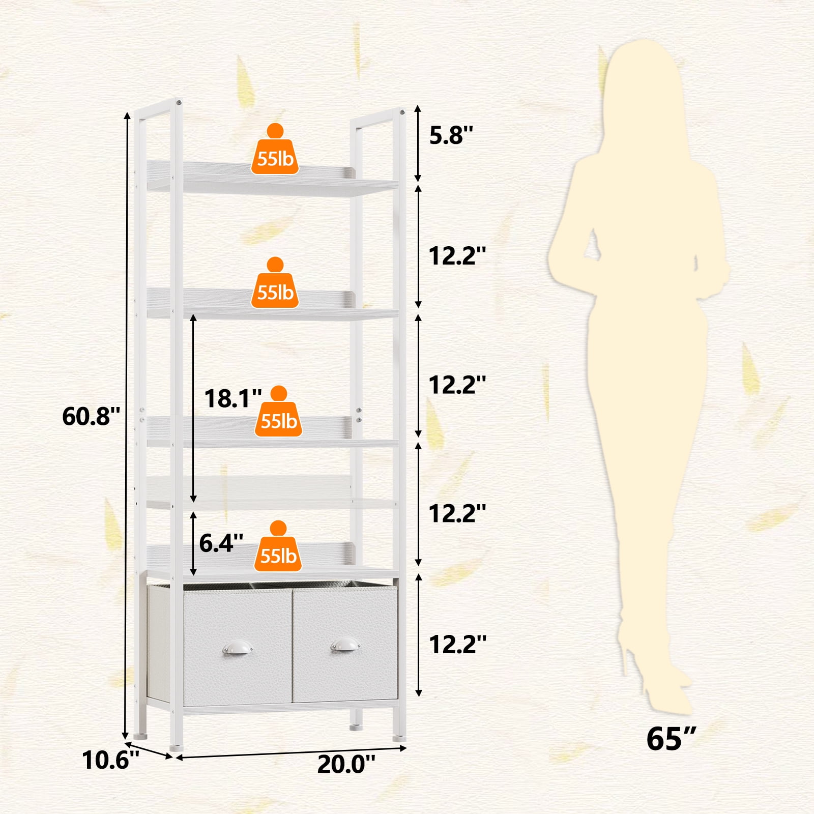 Satifur 5 Tier White Modern Bookshelf, Space-Saving Storage Rack with 2 Removable Drawers, Sturdy Structure for Bathroom, Home Office