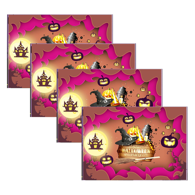 Set of 4 Happy Halloween Placemats - 12x18 Inch Linen Dining Table Mats with Horror Graffiti, Dark Style Lighthouse, and Fairy Tale Castle Designs for Seasonal Kitchen and Dinner Party Decor