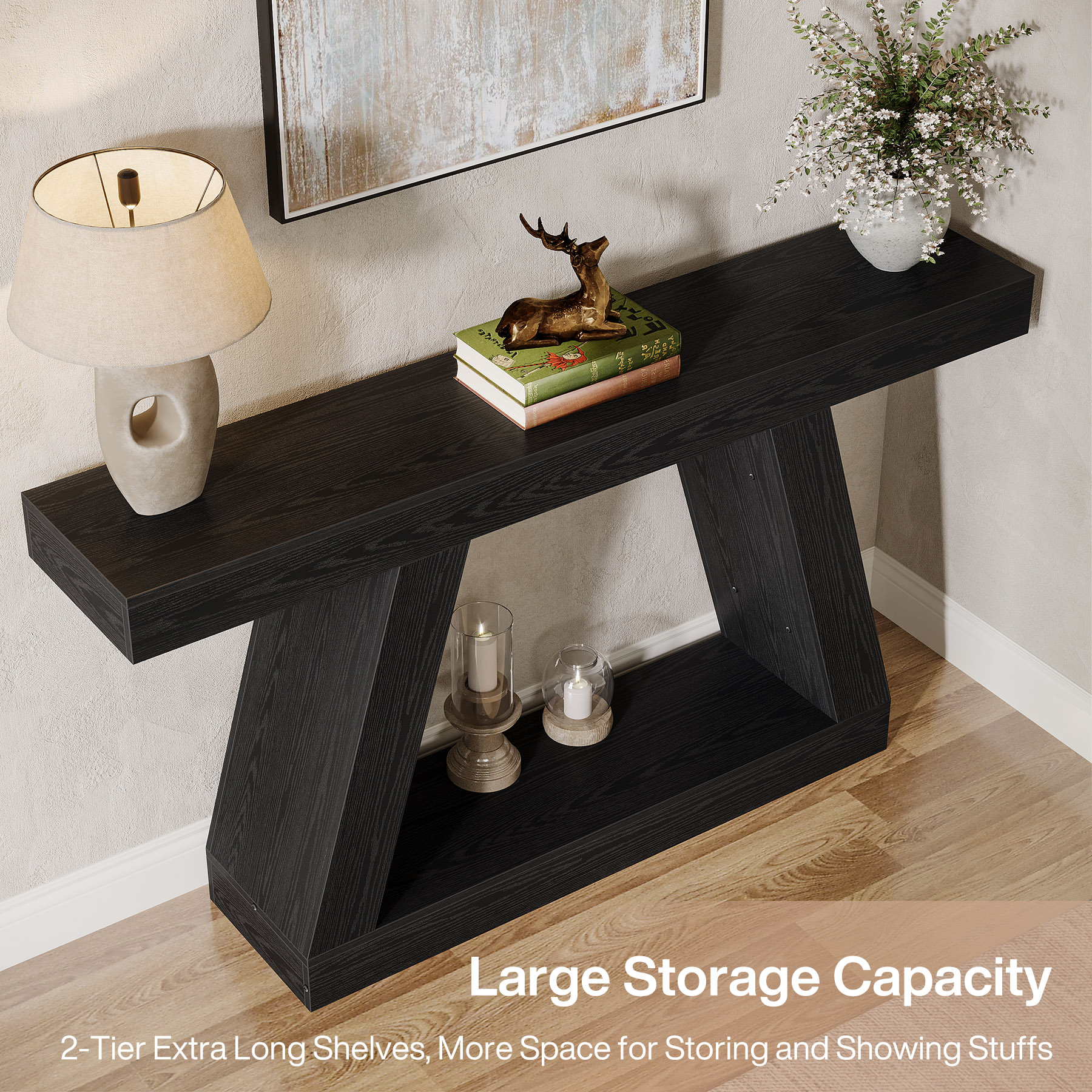 Fnova 55" Farmhouse Console Table, 2-Tier Storage Sofa Table, Long Wood Entryway Table for Hallway, Living Room, Easy Assembly
