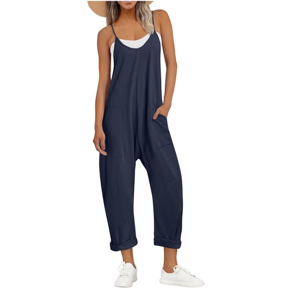 Kilaqueen Women's Causal One Piece Jumpsuits V Neck Sleeveless Harem Overalls Stretchy Adjustable Spaghetti Strap Romper with Pockets