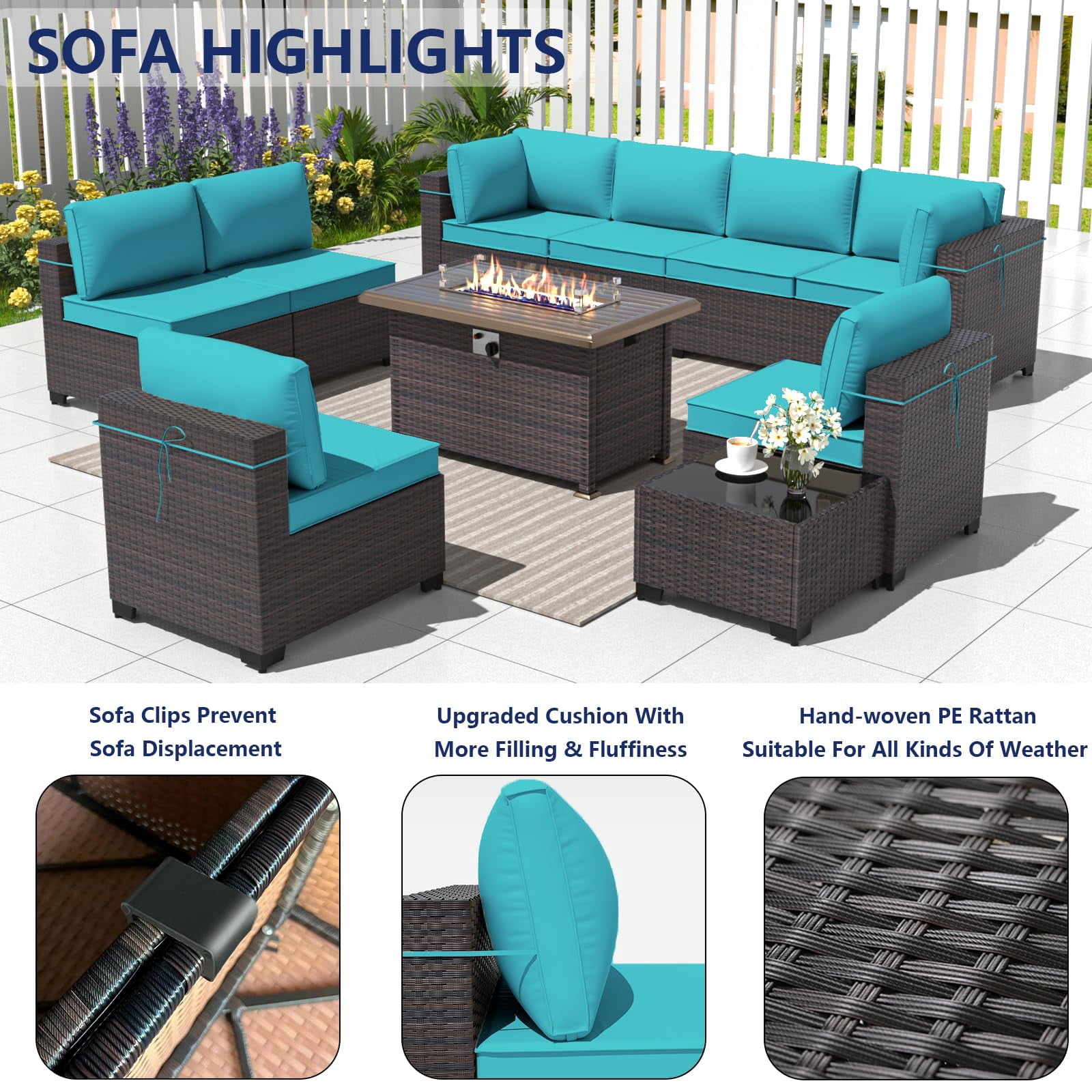 ALAULM 13 Piece Patio Furniture Set,Wicker Rattan Outdoor Sectional Sofa Set with Gas Fire Pit Table & Coffee Table,Blue