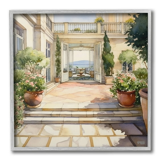Stupell Industries European Villa Architecture Botanical & Floral Painting Gray Framed Art Print Wall Art, 24 x 24
