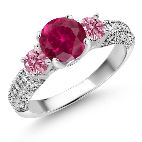 Gem Stone King 925 Sterling Silver Red Created Ruby Pink Lab Grown Diamond and White Moissanite Engagement Ring for Women (2.13 Cttw, Gemstone July Birthstone, Round 7MM and 4MM, Size 9)