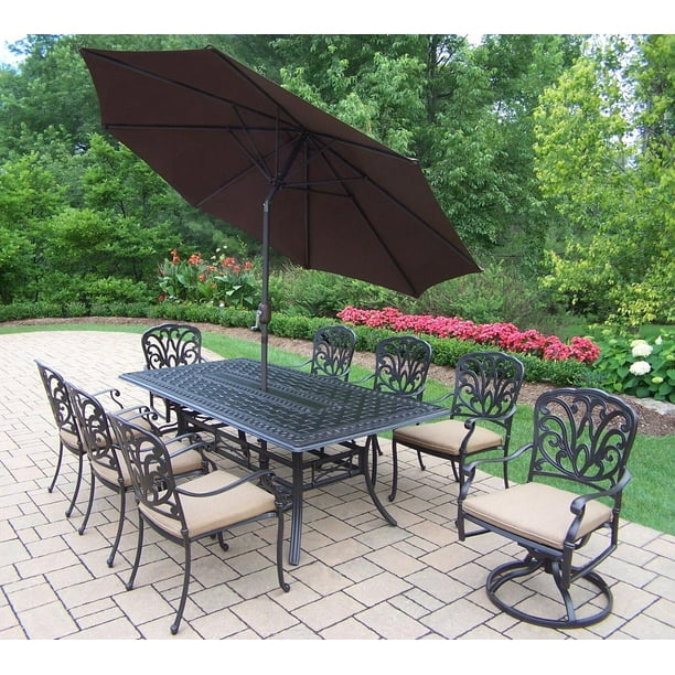 11 Piece Jet Black Aluminum Outdoor Patio Dining Set W Chocolate Brown Umbrella Walmart Com Walmart Com