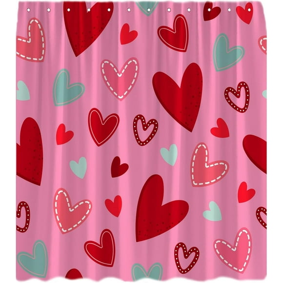 Rideau de Douche Saint-Valentin Cœur Rouge Romantique Mignon Cœurs Colorés Art Moderne Points Cœurs Couple Amoureux Mariage Créatif Rideau de Bain avec Crochets