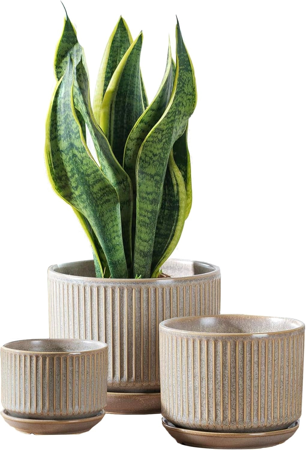 Speckle Gray Ceramic Plant Pot Set of 3 with Saucers, 4.3-6.7 Inch Indoor Flower Pots with Drainage Holes and Pads, Decorative Striped Planter Set for House Plants and Gardening