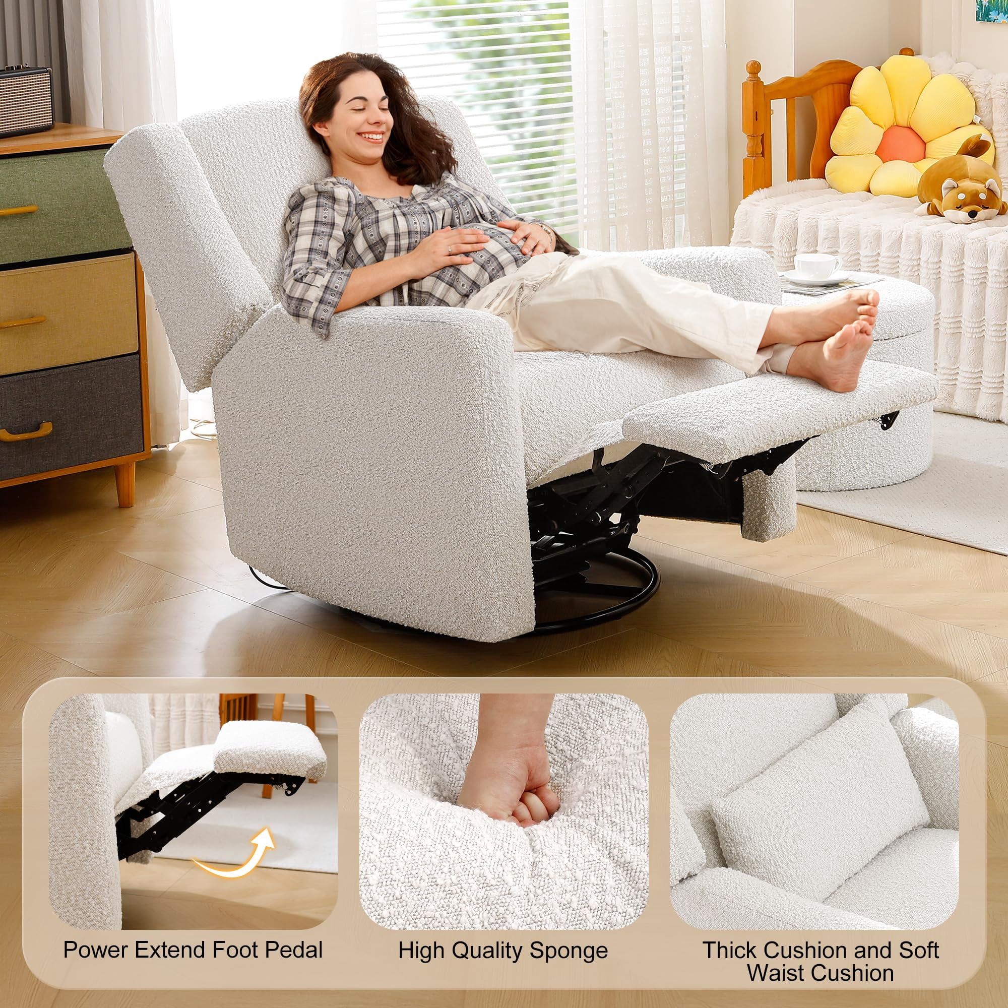 JULY'S SONG Power Swivel Gilder Rocker Recliner Chair for Adults, Skin-Friendly Nursery Rocking Chairs in Living Room with Waist Pillow, USB Charging, Beige