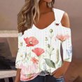 thumbnail image 2 of hxobax Womens 3/4 Sleeve Eyelet T Shirt Floral Tunic Tops V Neck Cold Shoulder Hollow Tees Pullover, 2 of 5