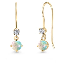 Gem Stone King 14K Yellow Gold Simulated White Opal and Lab Grown Diamond Earrings for Women | 0.63 Cttw | Gemstone October Birthstone | Round Cabochon 4MM