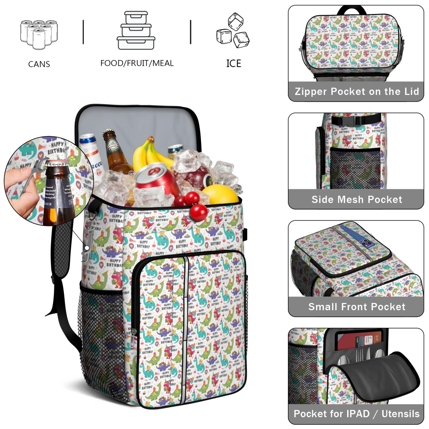 Travel Cooler Bag - Colorful Dinosaurs Birthday Text Pattern Camping Beer Cooler Backpack with Bottle Opener- Waterproof Insulated Picnic Backpacks - Cooler Bag for Beach