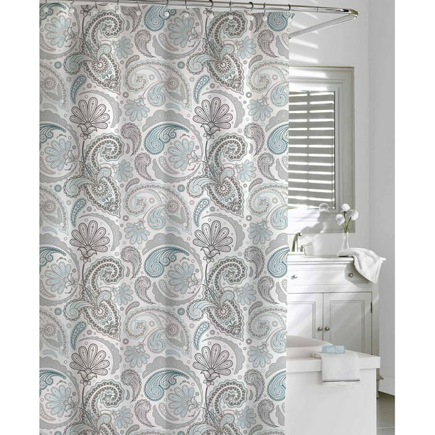 Cassadecor Cotton Printed Fl Swirls, Blue And Cream Shower Curtain