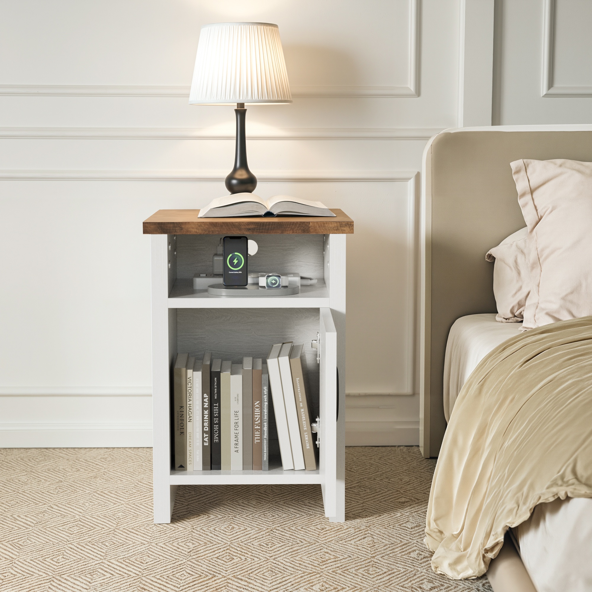 Vineego Nightstand Set of 2 Farmhouse Nightstand with Storage Shelves Bedside Tables End Table for Bedroom Modern Wood Side Table Living Room,White