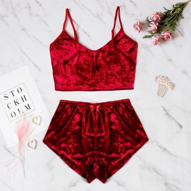 Conjunto de Pijama Sexy para mujer, ropa interior de seda satinada, terciopelo, cómodo, Top corto sin mangas y pantalones cortos