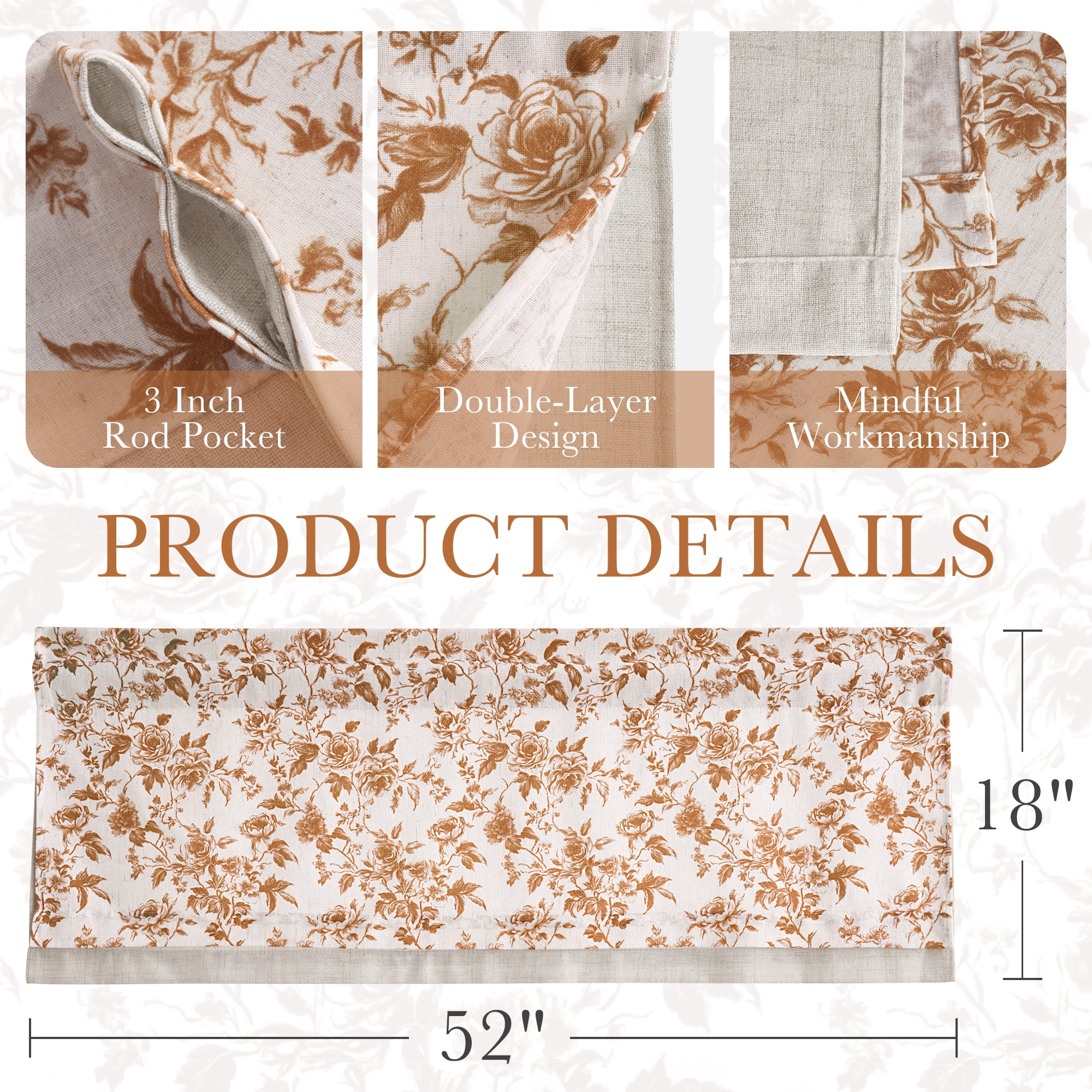 NICETOWN Floral valances for windows, Double Layer Linen Valance Curtains Rod Pocket Farmhouse Semi Sheer Light Filtering Linen Curtains for Bedroom Living Room, Yellow, 52"x18", 1 Panel