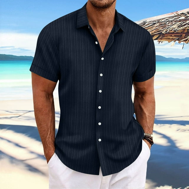 Dvkptbk Men Casual Turn-down Collar Short Sleeve Button Closure Shirt Tops Blouse