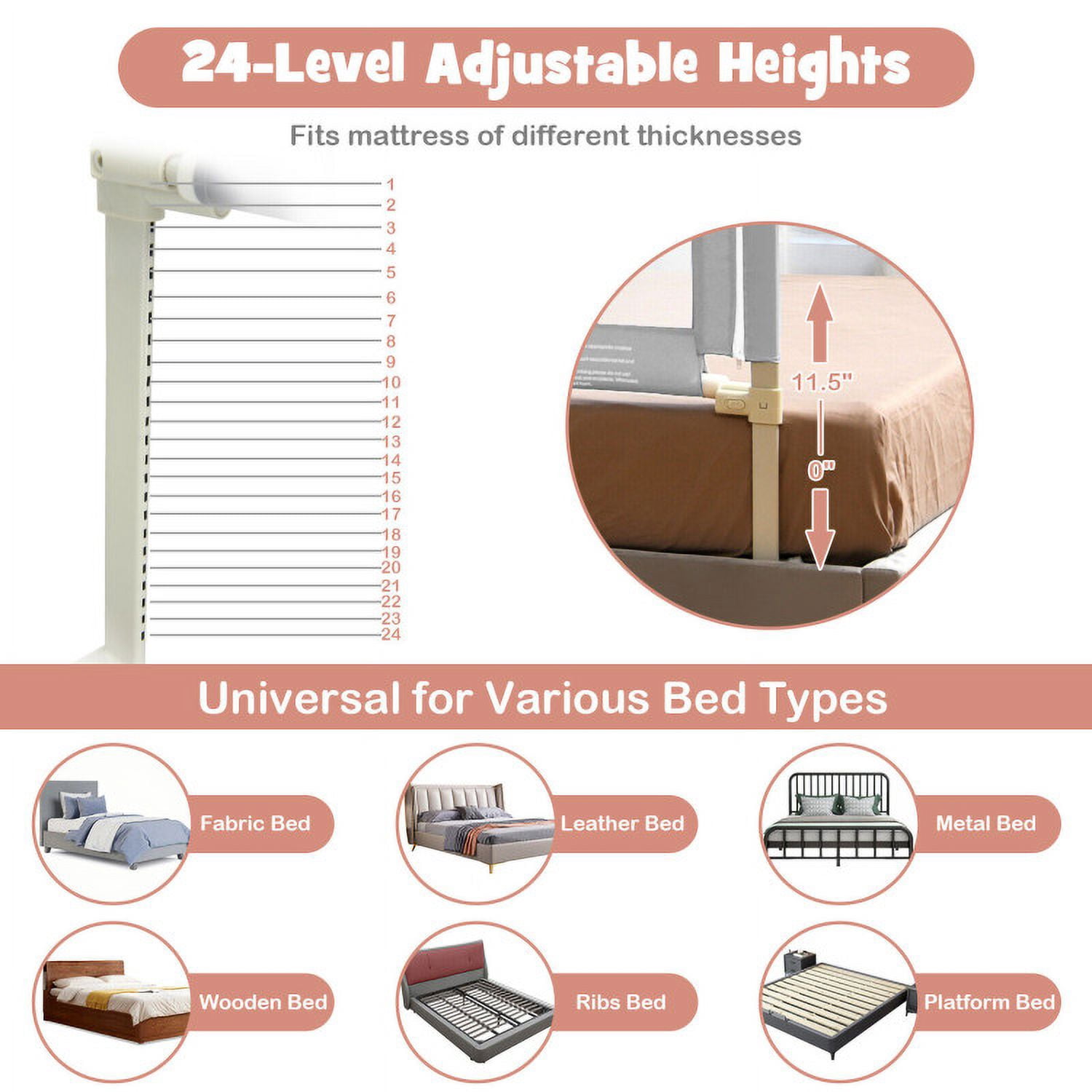 Resenkos Vertical Lifting Baby Bed Rail with Lock-L, Toddler Bed Bumper, Grey