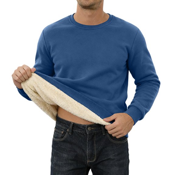 Sweatshirt for Men Lined Solid Color Pullover Hoodless Long Sleeve Warm Winter Top