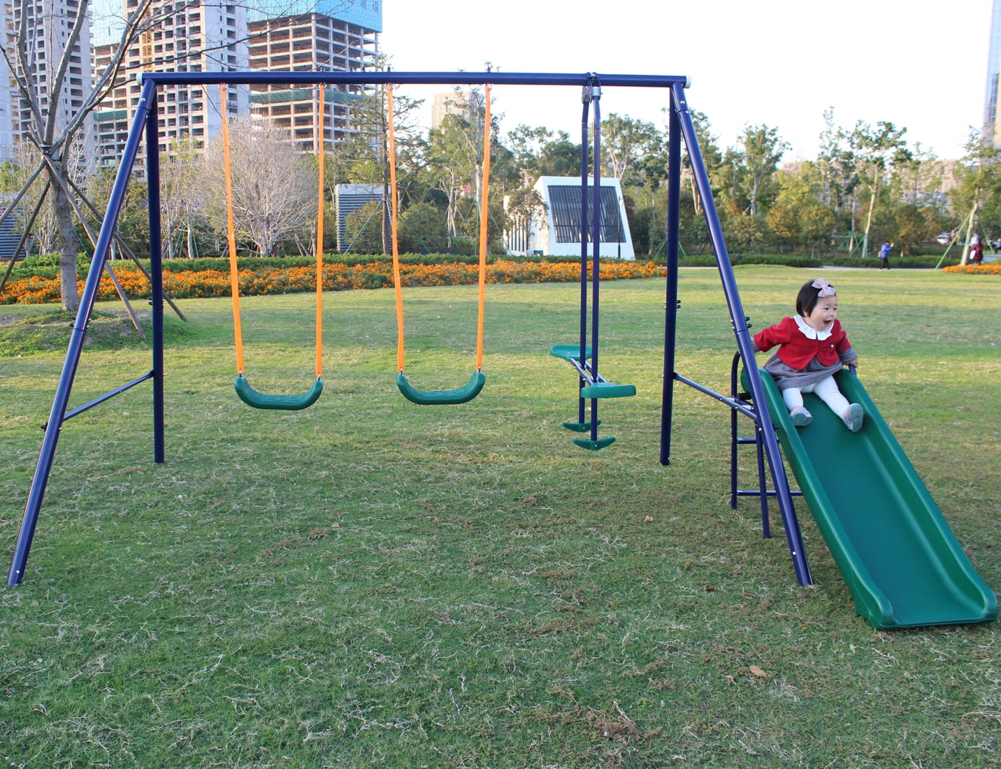 4 in 1 Outside Swing Set, Metal Swing Set with 2 Swing Chair, Slide and Glider, Outdoor Swing Frame, 4-5 Kids Swing Playset Set Outdoor Backyard Games