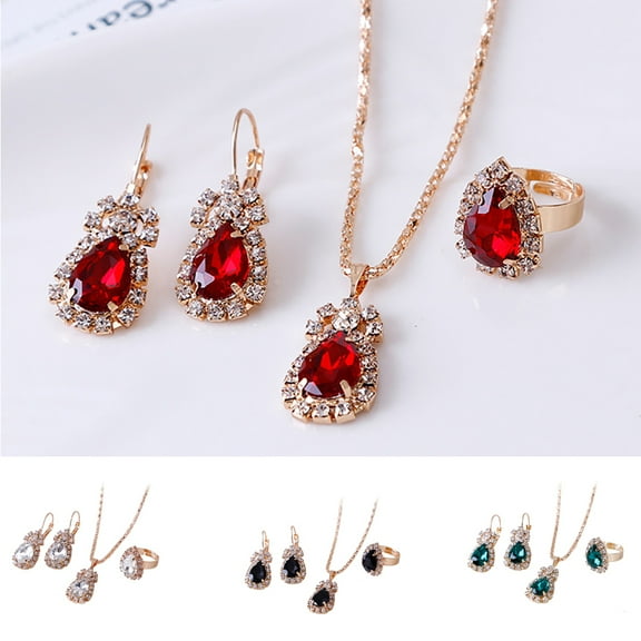 SPRING PARK Fashion Waterdrop Shiny Rhinestones Necklace Ring Earrings Women Jewelry Set
