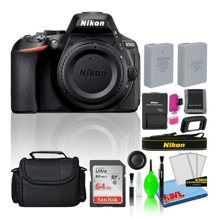 Nikon D5600 24.2MP DSLR Digital Camera (Body Only) (1575) Bundle with SanDisk 64GB SD Card + Camera Bag + Spare Battery + Camera Cleaning Kit