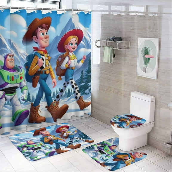 4 Pcs Toy Story Bathroom Set with Shower Curtain with Non-Slip Rugs, Toilet Lid Cover And Non-Slip U Shape Bath Mat, Bathroom Decoration with 12 Hooks 72 X 72 Inches